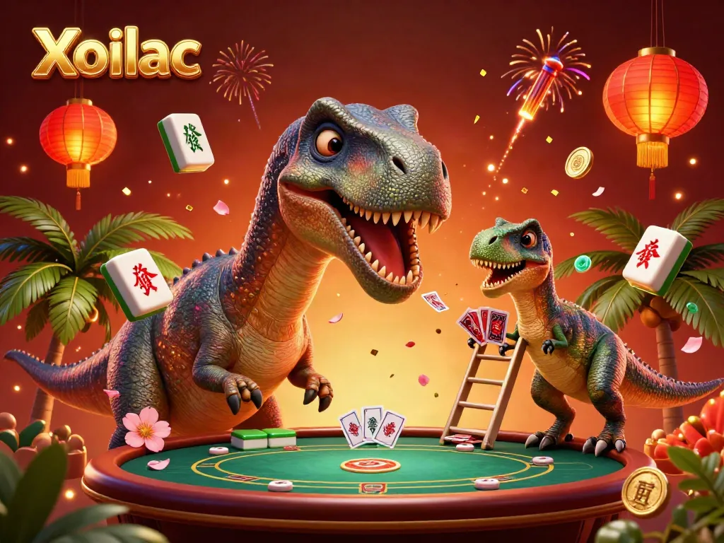 Xoilac brings excitement to new heights with a charming dinosaur in a dynamic casino scene.