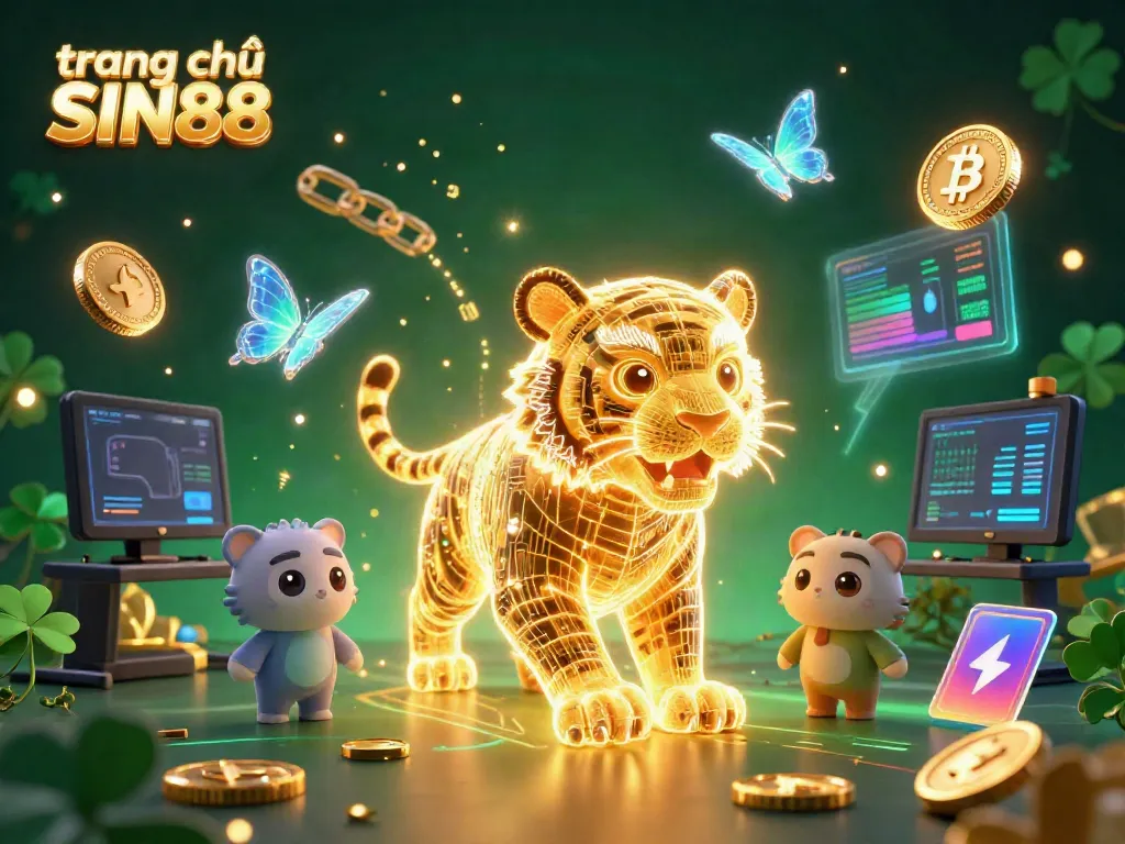 Spin to win at trang chủ SIN88 with a golden tiger amidst a vibrant digital casino.