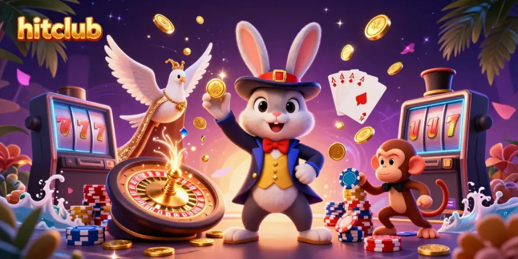 Engage in thrilling gambling action with hitclub's exciting games featuring gold coins, playing cards, and roulette.