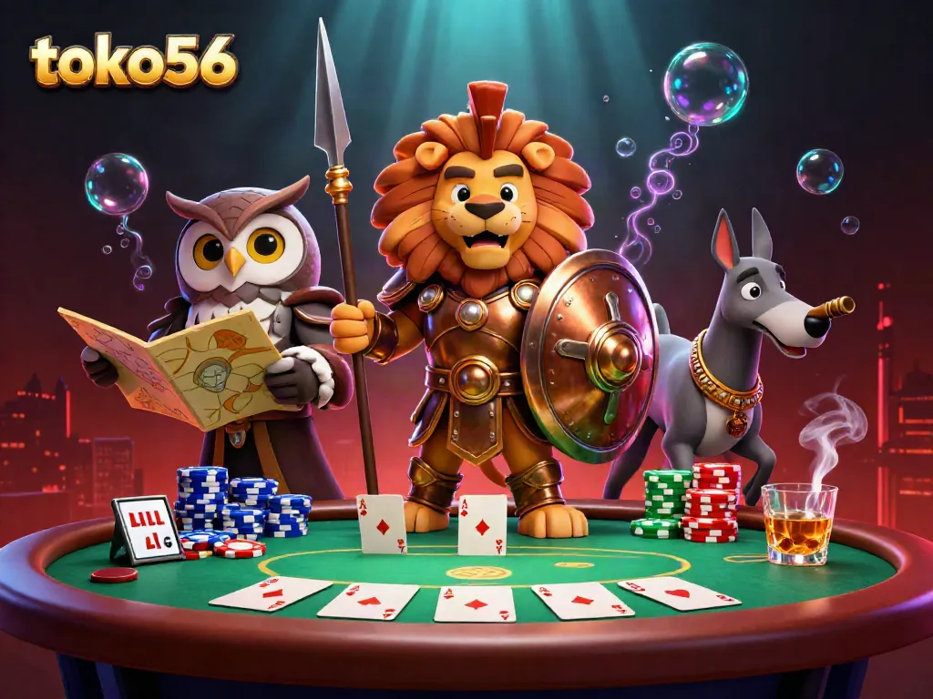 Experience high-stake thrills with toko56 in this vibrant gaming scene featuring poker and festive elements.