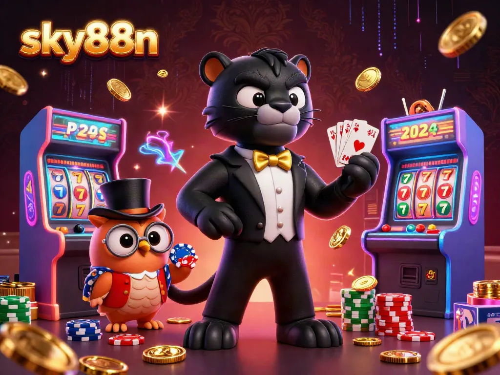 Experience thrilling jackpot wins with sky88n in a vibrant 3D casino scene filled with colorful gaming elements.