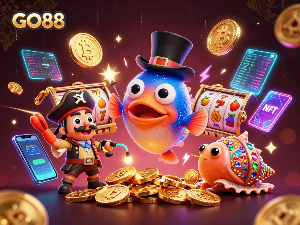 Engage with GO88 casino excitement featuring a vibrant deep-sea anglerfish, pirate shrimp, and treasure snail.