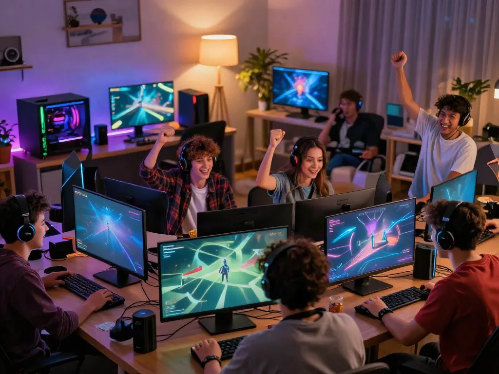 Exciting gaming scene with friends enjoying kilat 404 on multiple screens, showcasing vibrant gameplay and a lively atmosphere.