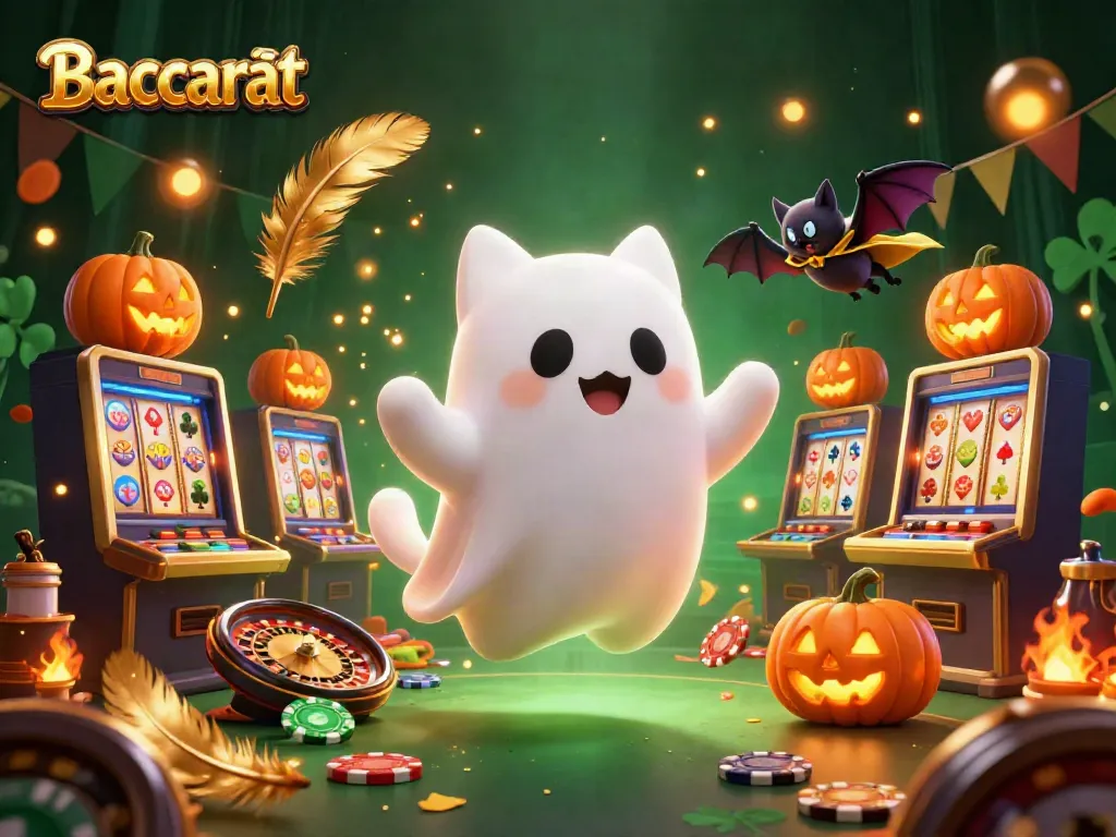 Baccarat ghost cat and vampire bat navigate a thrilling casino atmosphere with glowing poker suits.