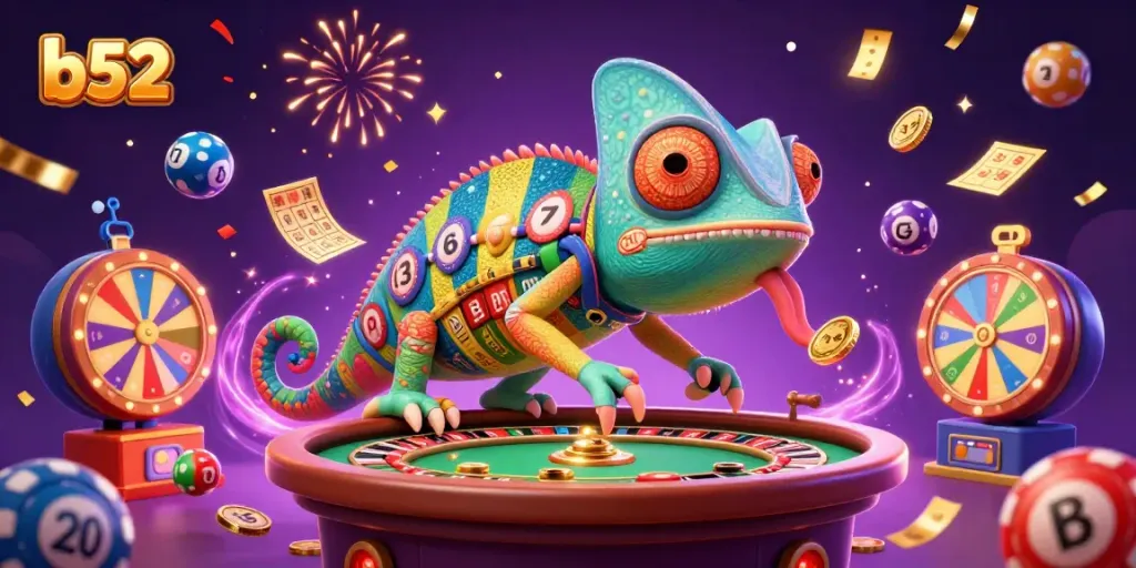 Engage with lively b52 casino action featuring a colorful chameleon owner and dynamic lottery elements.