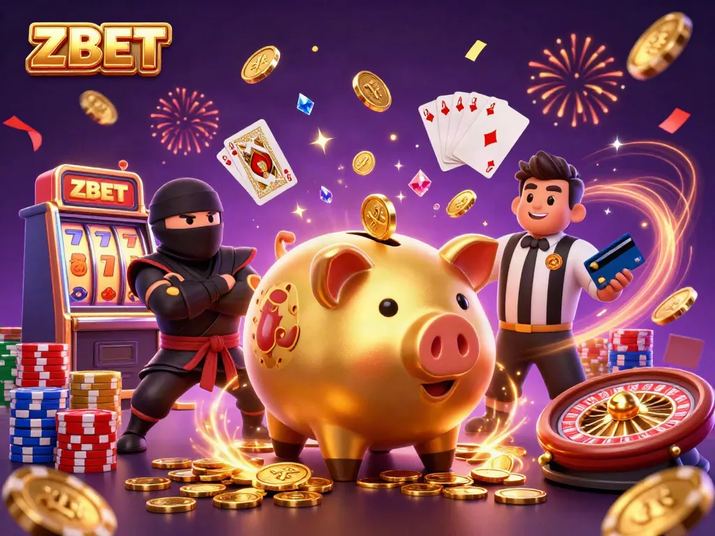 ZBET showcases a vibrant casino scene with a golden piggy bank wrestler and gaming excitement.