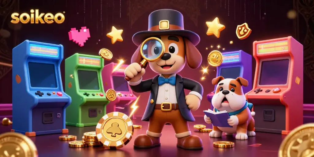 Bet on the soikeo platform with a vibrant 3D scene featuring a detective investigating poker chips.