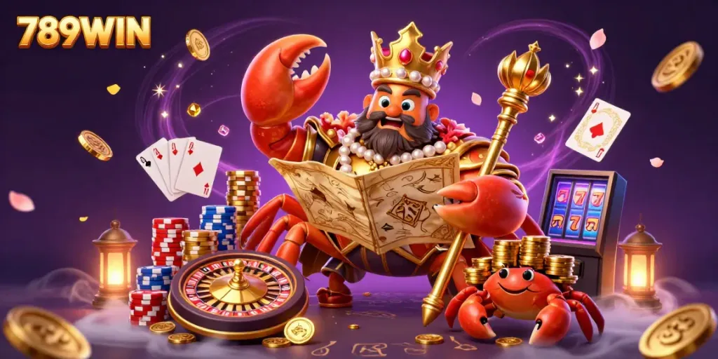 Engage in the thrilling world of 789WIN where a golden crab emperor reigns over treasures and games of chance.