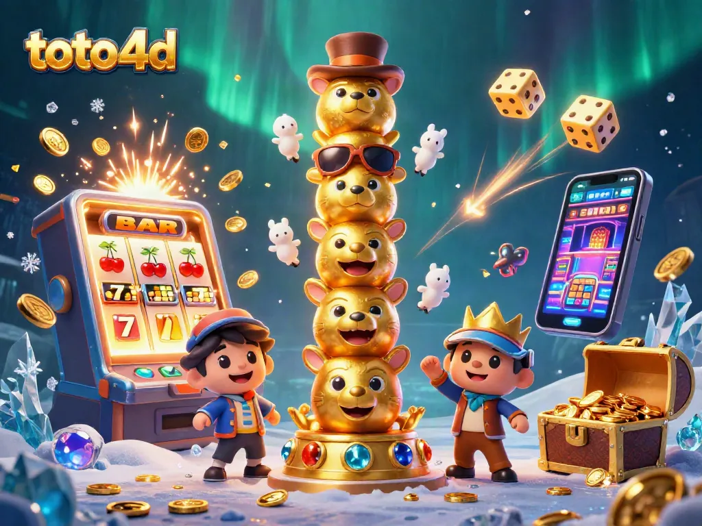 Memenangkan toto 4d dengan simbol slot berkilauan dan totem kartun berwarna emas yang memikat.