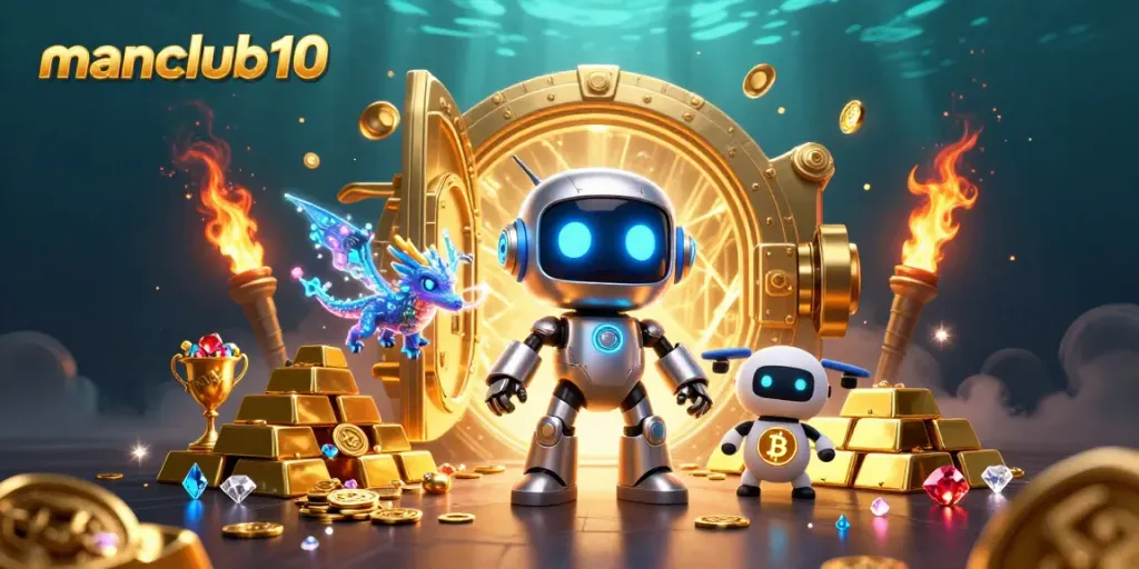Experience thrilling wins at manclub10 with a vibrant 3D casino scene featuring colorful characters and gold treasures.