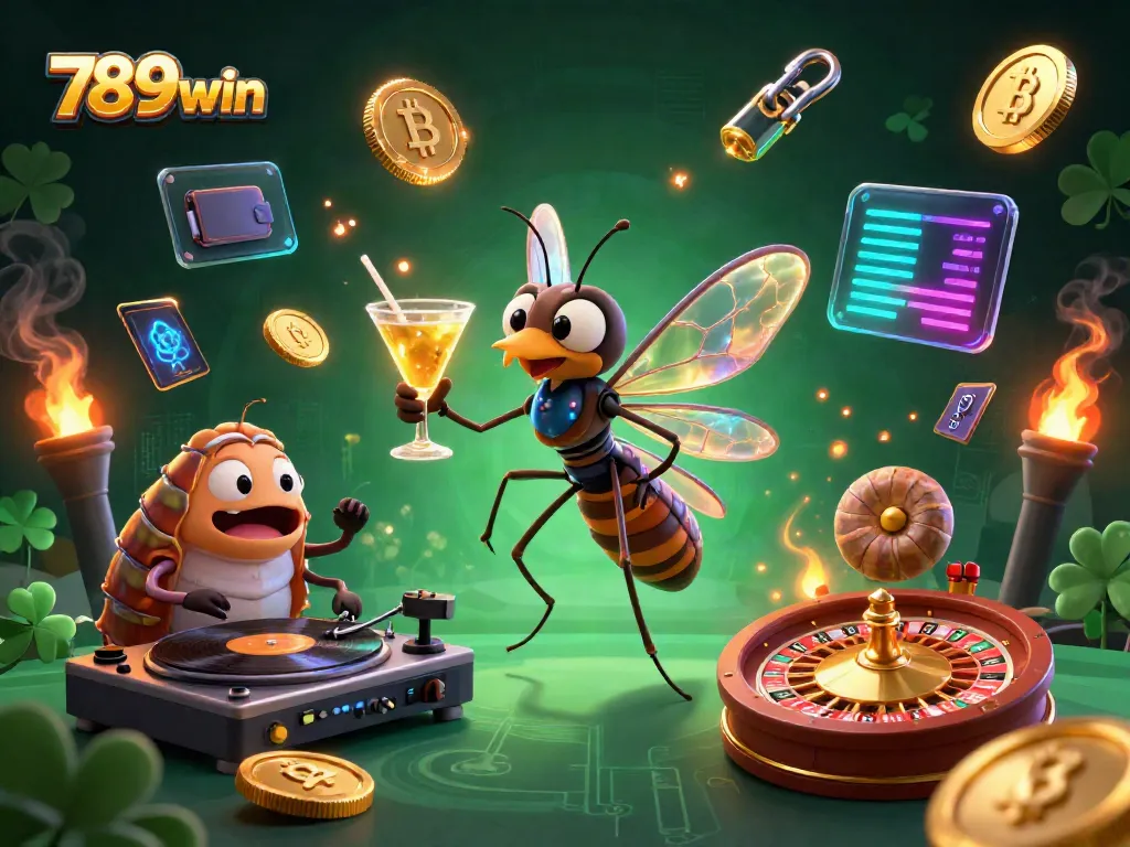 Experience thrilling 789win casino action with a vibrant frozen mosquito mascot and a DJ at the roulette wheel.