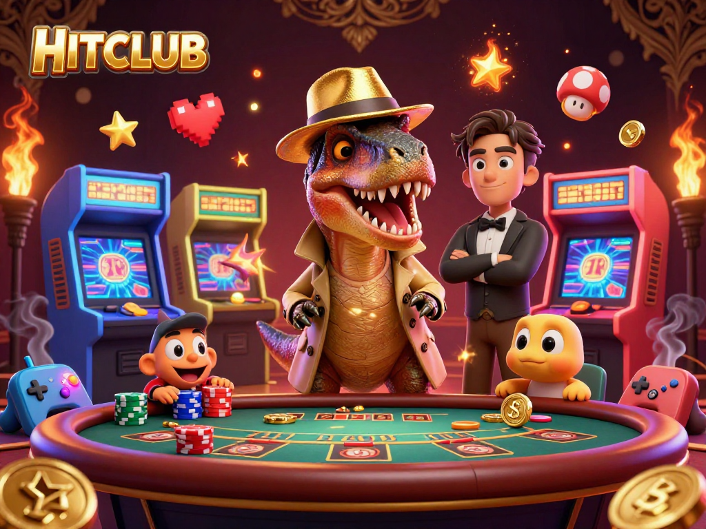 HITCLUB energizes gameplay with a velociraptor card counter and stegosaurus pit boss in a vibrant casino scene.