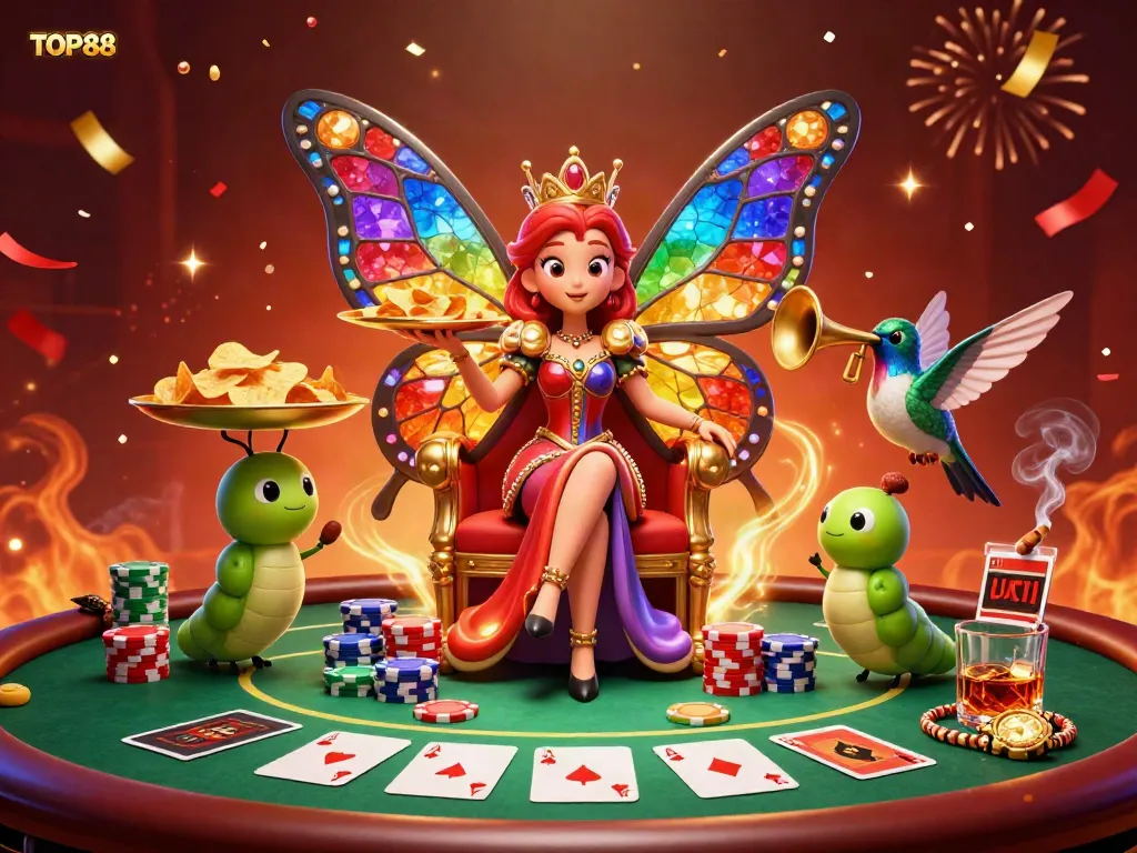 Join the excitement at TOP88 with a vibrant casino scene featuring a butterfly queen and poker elements.