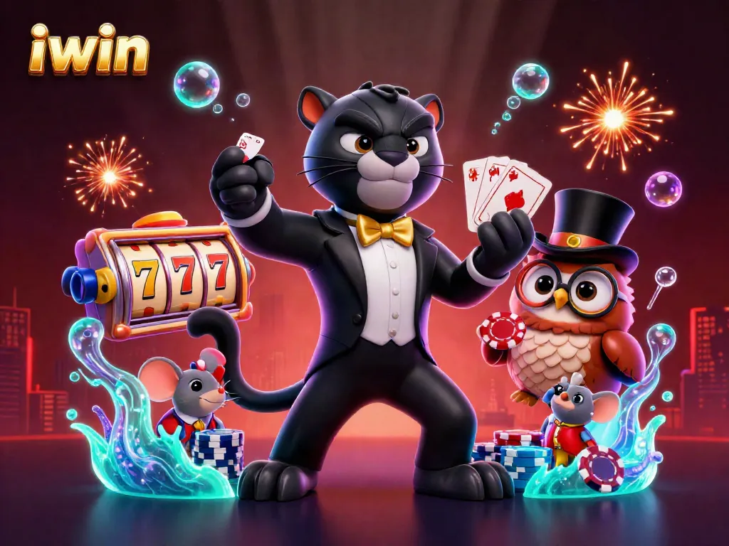 Play casino games with iwin's stylish black panther dealer, lucky owl, and charming mouse illustration.