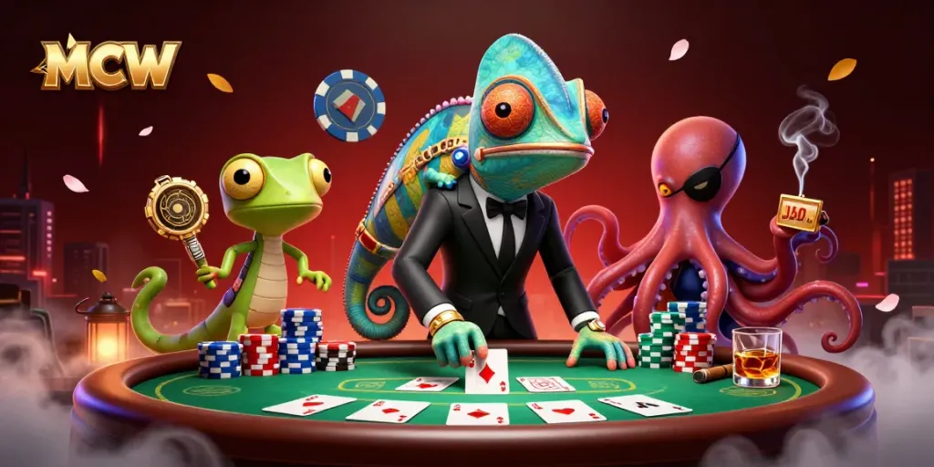 Engage with MCW's vibrant card games featuring a chameleon agent and a tech-savvy gecko.