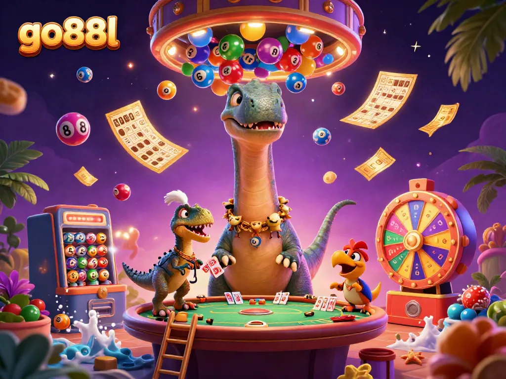 Engage in thrilling gameplay at go88l, where vibrant lottery elements and 3D characters come alive in a casino scene.