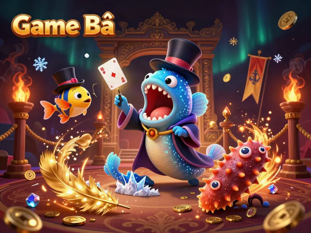 Game Bài illustrated with bioluminescent eel performing card tricks in an ornate casino setting.