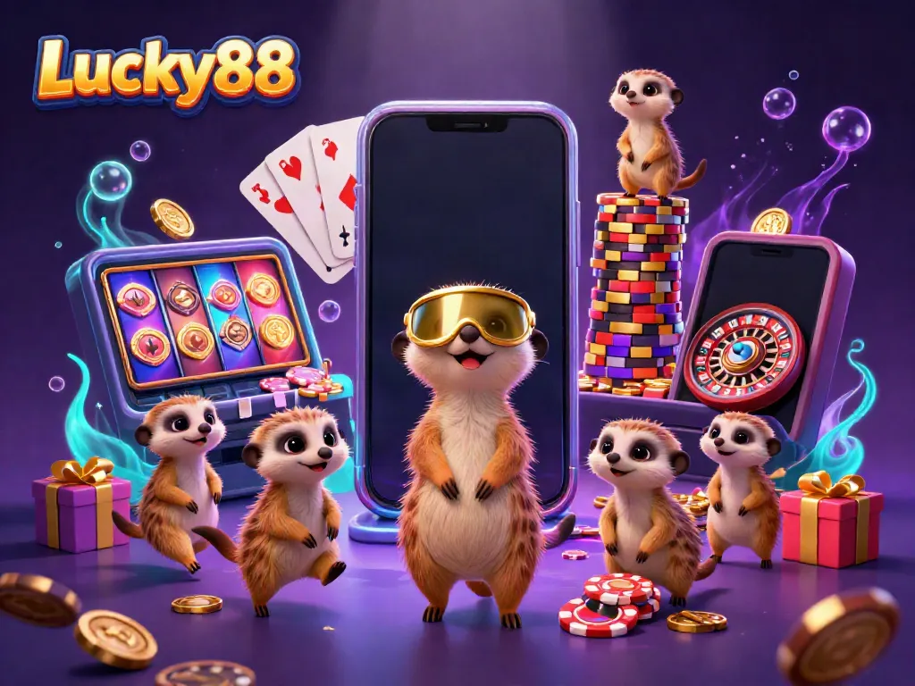 Engage in thrilling gaming action at Lucky88 with playful meerkats running a lively casino scene.