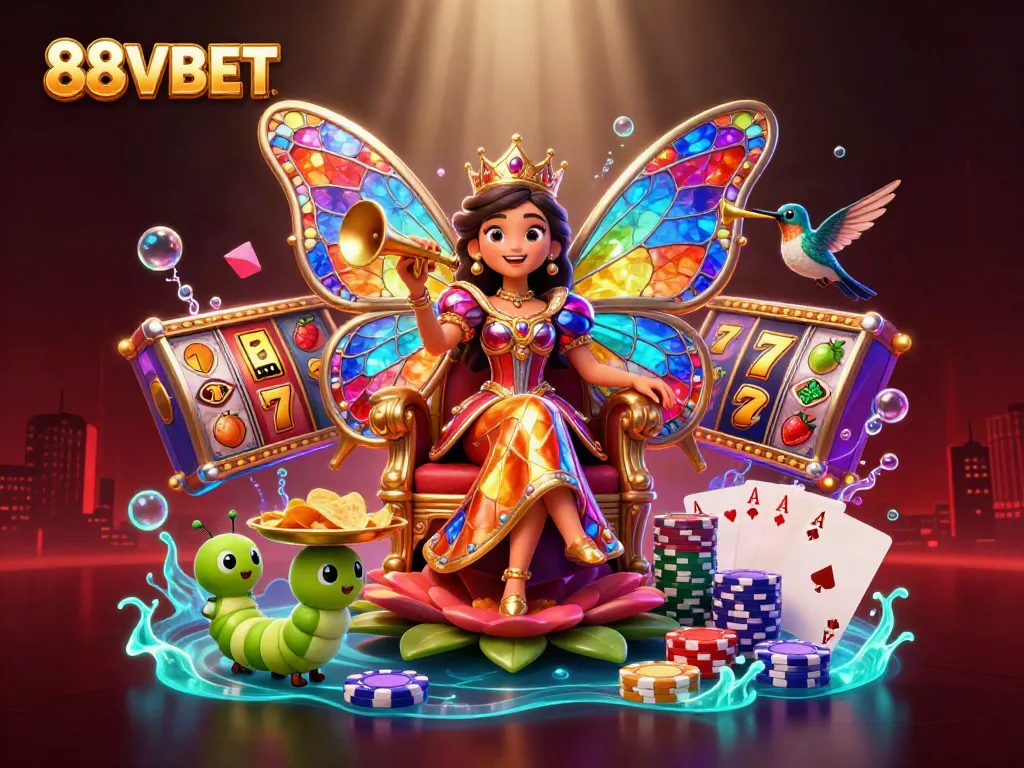 Experience the magical world of 88VBET with vibrant slot reels and a charming butterfly queen.