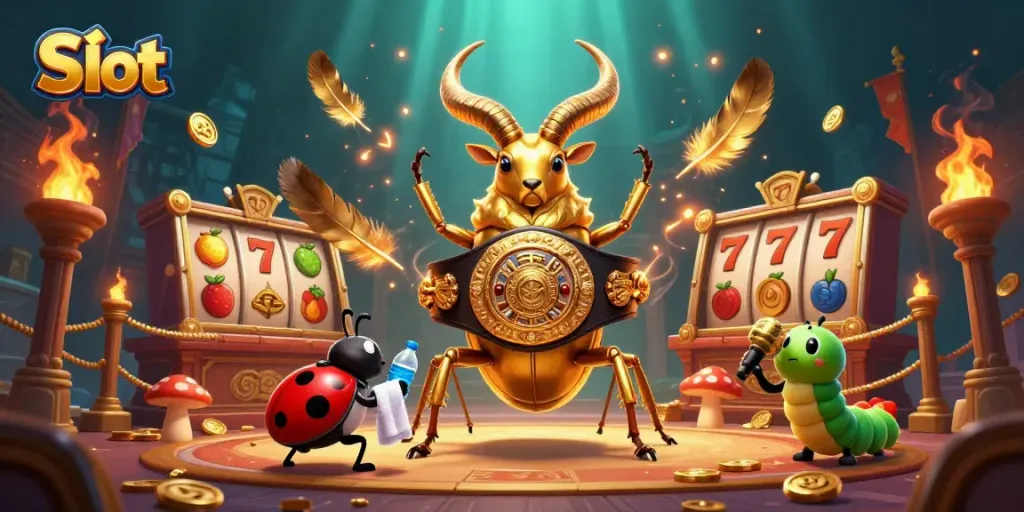 Engage with Slot-themed excitement featuring giant beetle, ladybug, and caterpillar in action-packed scene.