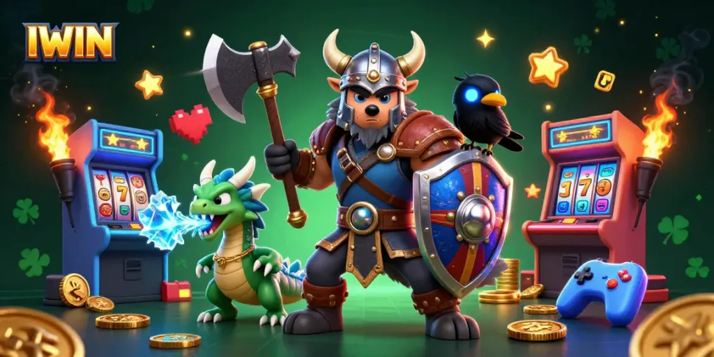 IWIN showcases a cartoon Viking wolf warrior, ice-breathing dragon, and glowing raven among vibrant slot elements.