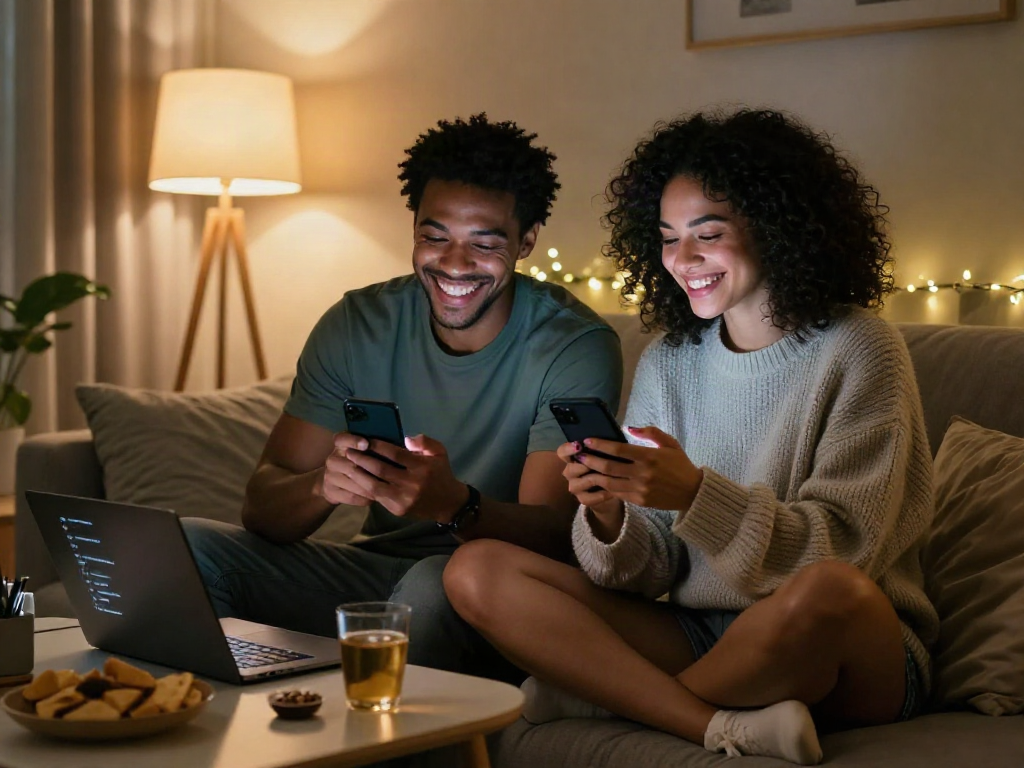 Couple enjoying AI sexting in cozy living room with playful expressions and ambient lighting