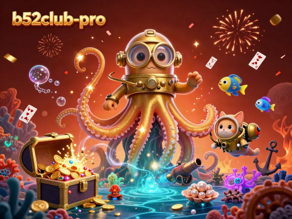Engage with the exciting underwater world of b52club-pro featuring a cartoon kraken, treasure, and marine life.