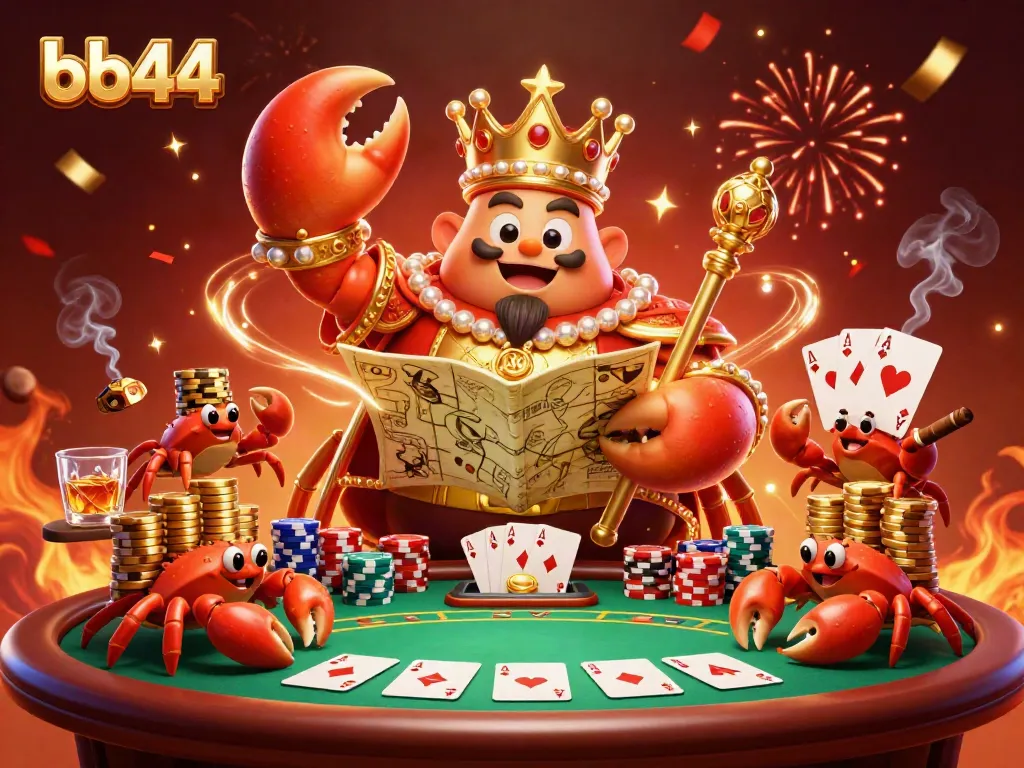 Experience thrilling gameplay with bb44's golden crab emperor and poker scene, rich with details.