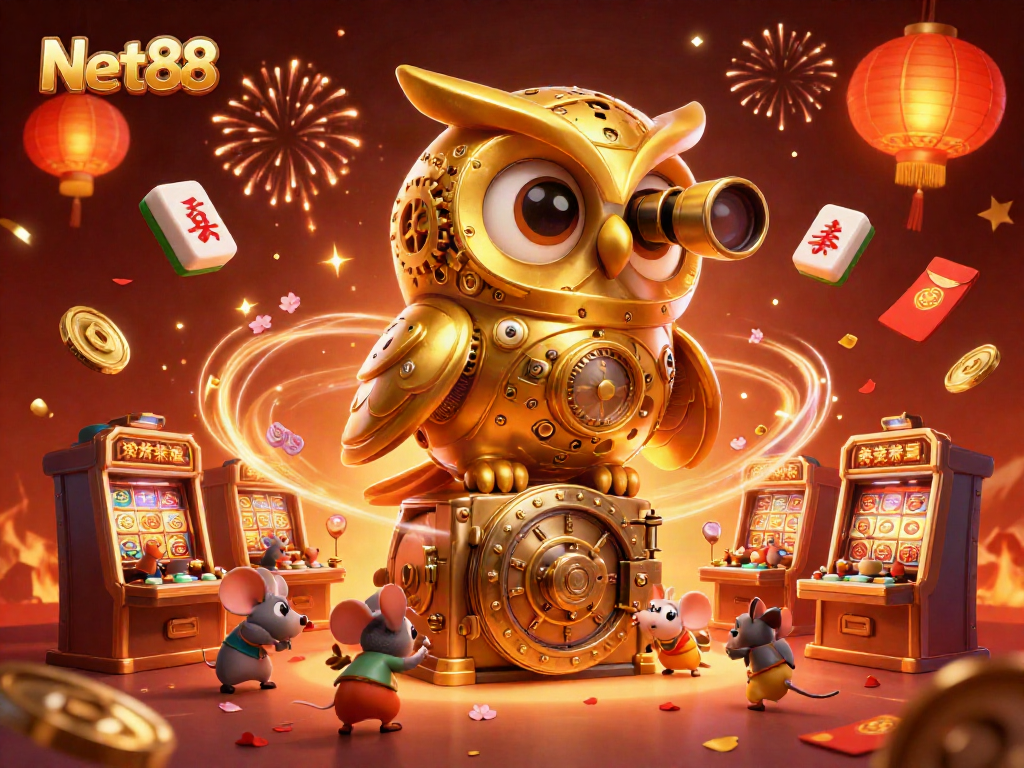 Experience the thrills of betting at Net88's vibrant casino floor featuring a golden owl and festive elements.