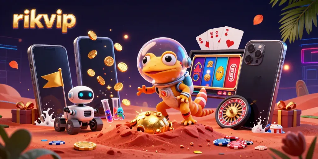Experience the excitement of rikvip with a Martian gecko in a golden casino scene.