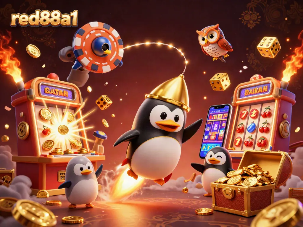 Experience the thrilling world of red88a1 by watching a golden penguin rocket past a casino station.