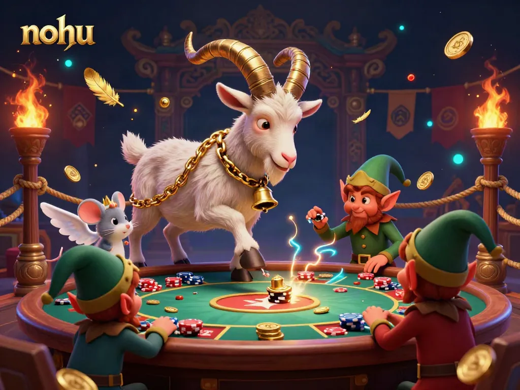 Engage in the vibrant casino chaos with "nohu" featuring Krampus and playful gremlins in a thrilling gaming scene.