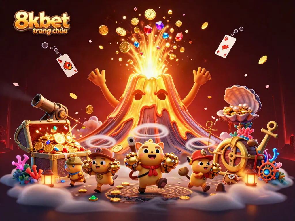 Engage with the thrilling atmosphere of 8xbet trang chủ, featuring a golden volcano erupting coins amidst treasure-hunting explorers.