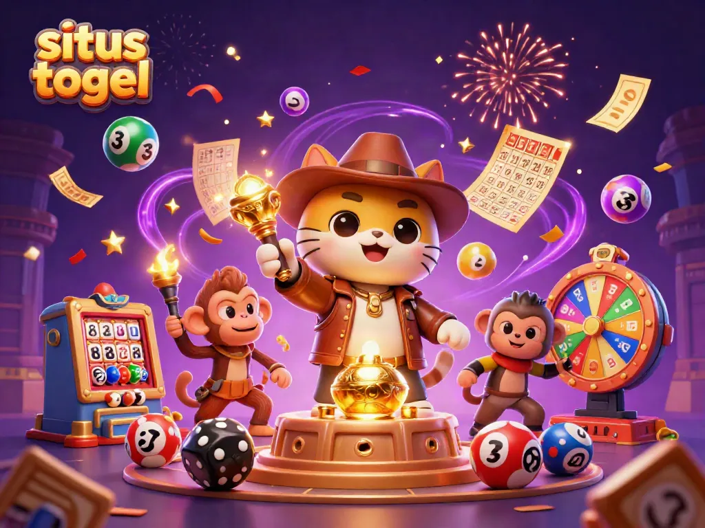 Engaging scene capturing a 3D cartoon archaeologist cat and monkey companions exploring a situs togel artifact.