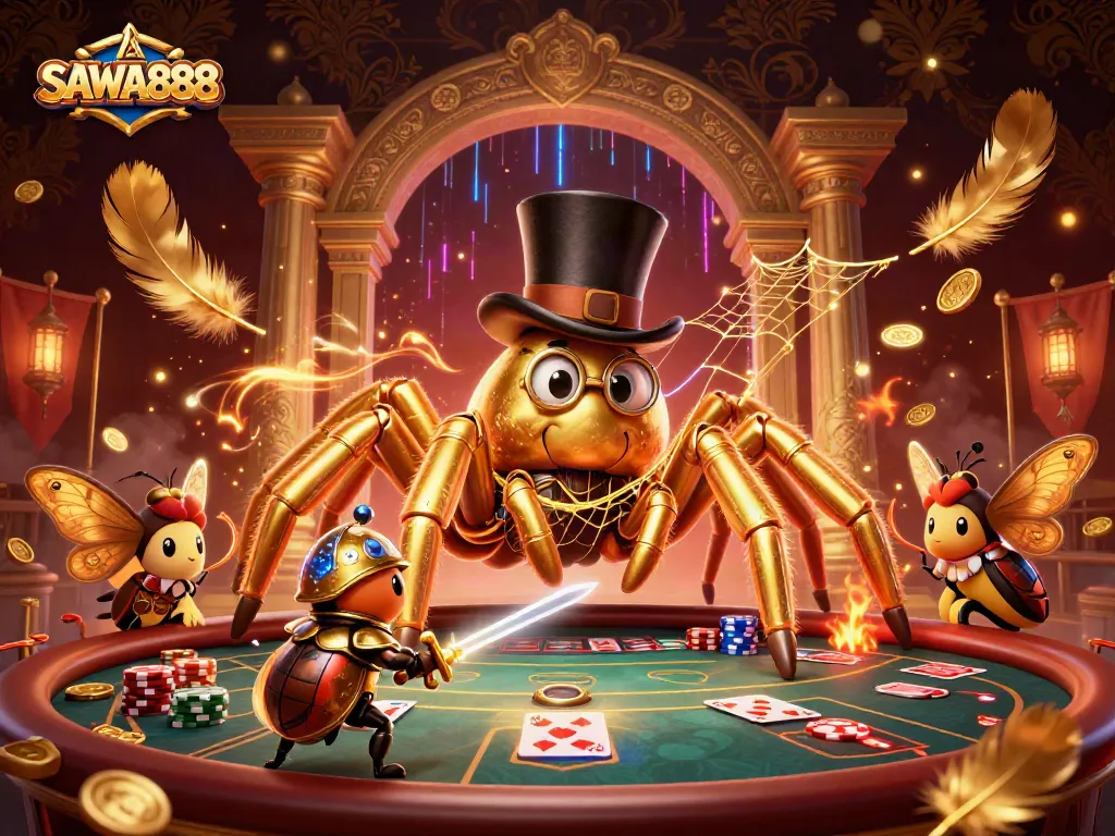 SAWA888 showcases a vibrant poker scene featuring a golden tarantula and beetle knight in an engaging 3D illustration.