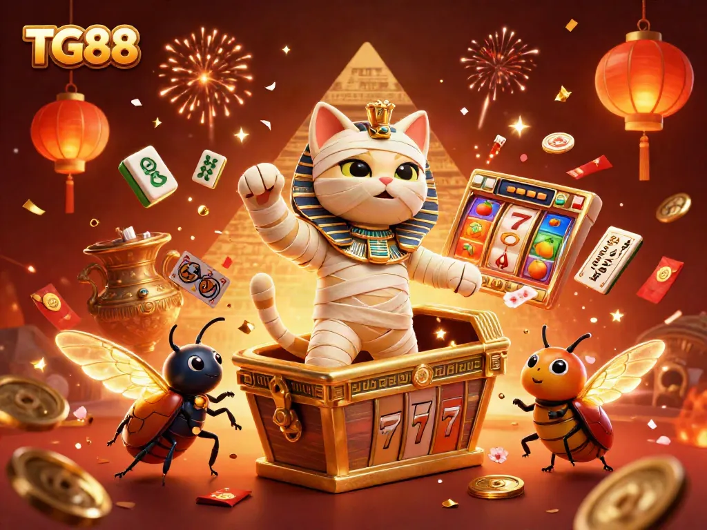 Experience the immersive world of TG88 with this vibrant casino scene featuring iconic symbols and characters.
