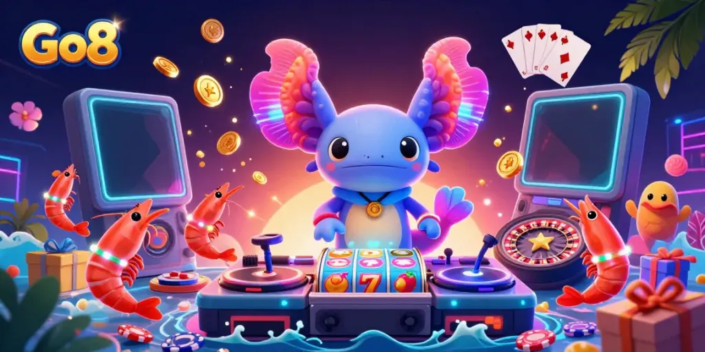 Engage with Go8's vibrant casino scene featuring slot games, an axolotl DJ, and dynamic underwater excitement.