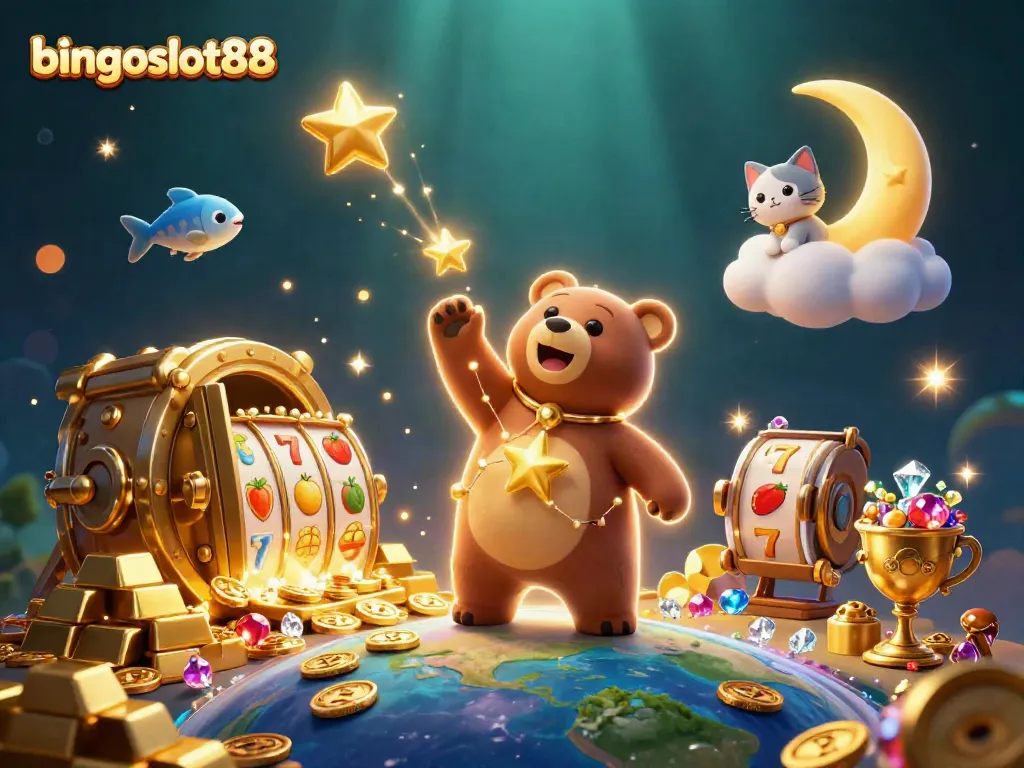 Rasakan keseruan bingoslot88 dengan ilustrasi slot dan bintang berkilau dalam suasana malam yang megah.