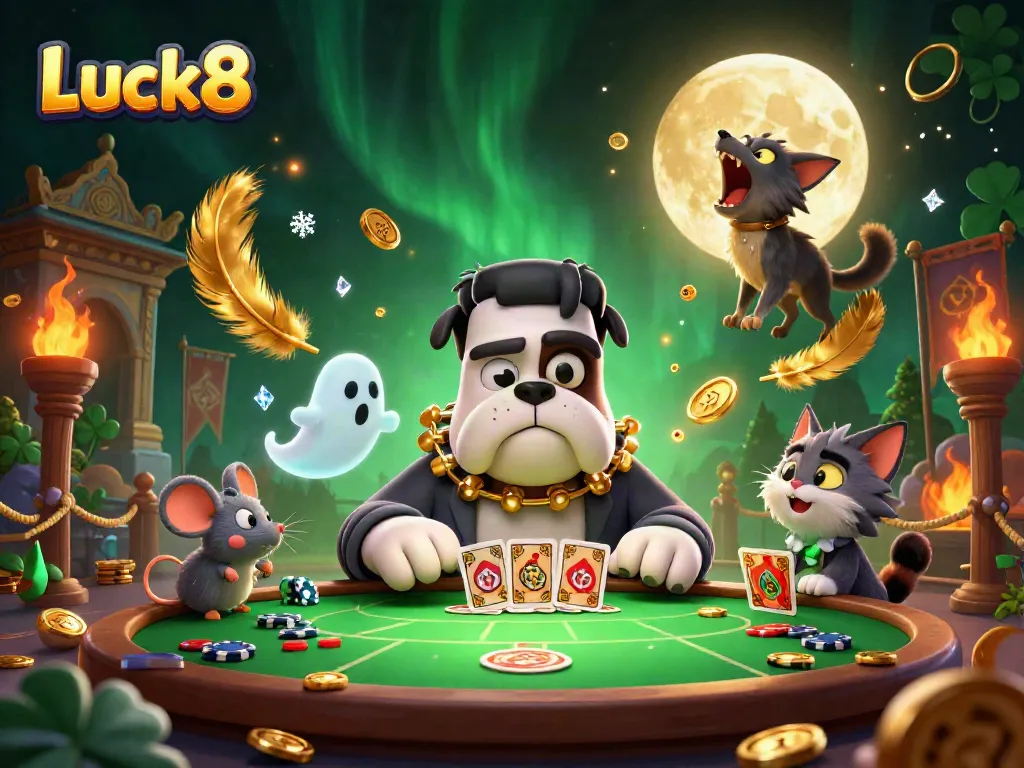 Luck8 showcases a ghostly-themed casino scene with a bulldog dealer, enticing players to dive into the action.