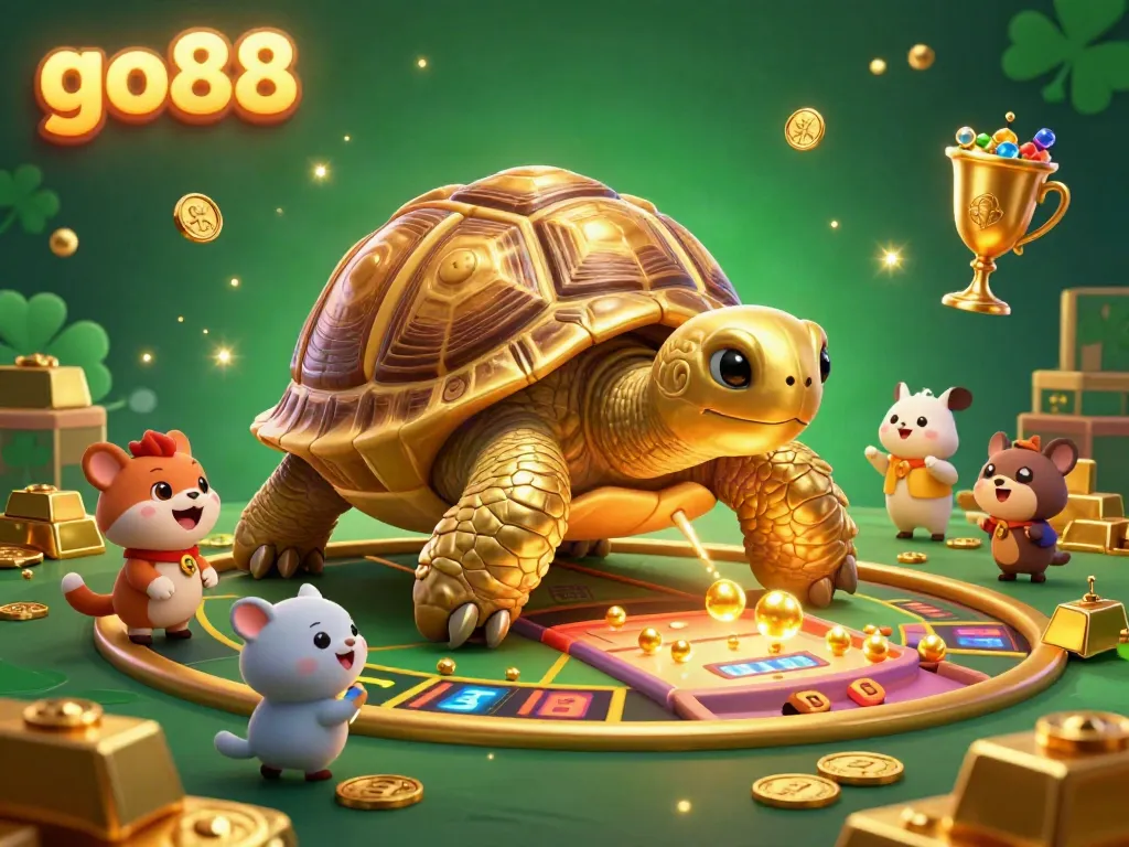 Engage with the thrilling go88 gaming experience featuring a colossal tortoise pinball machine amidst treasures.