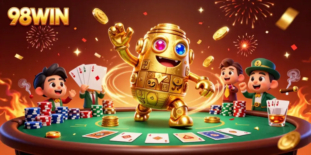 Engage with 98WIN and explore dynamic casino gaming featuring a golden golem surrounded by poker elements.