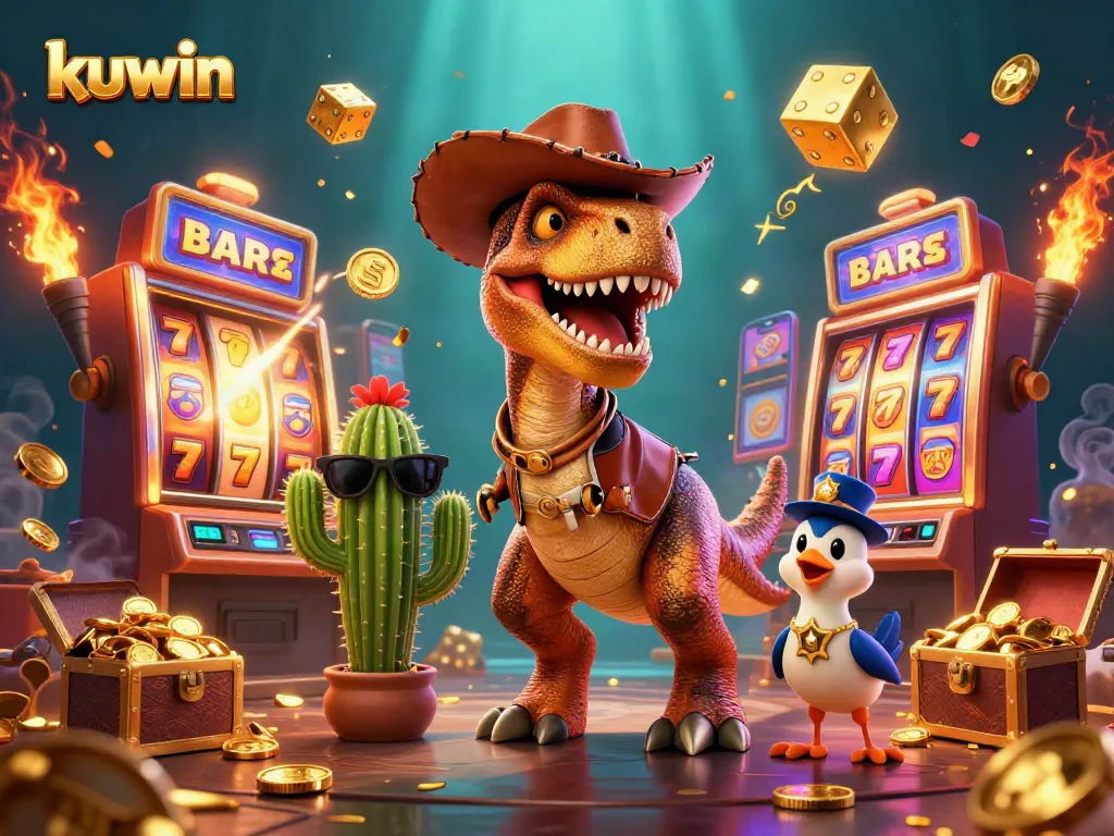Kuwin engages players at a vivid casino with a slot machine explosion, showcasing thrilling game elements and characters.