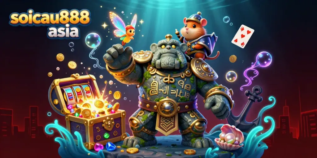 Experience thrilling action with soicau888 asia, showcasing a golem guardian and lively casino elements in a magical scene.