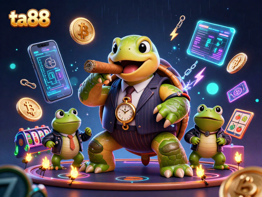 ta88's vibrant 3D casino illustration showcases a mobster turtle with crypto elements, engaging gamblers visually.