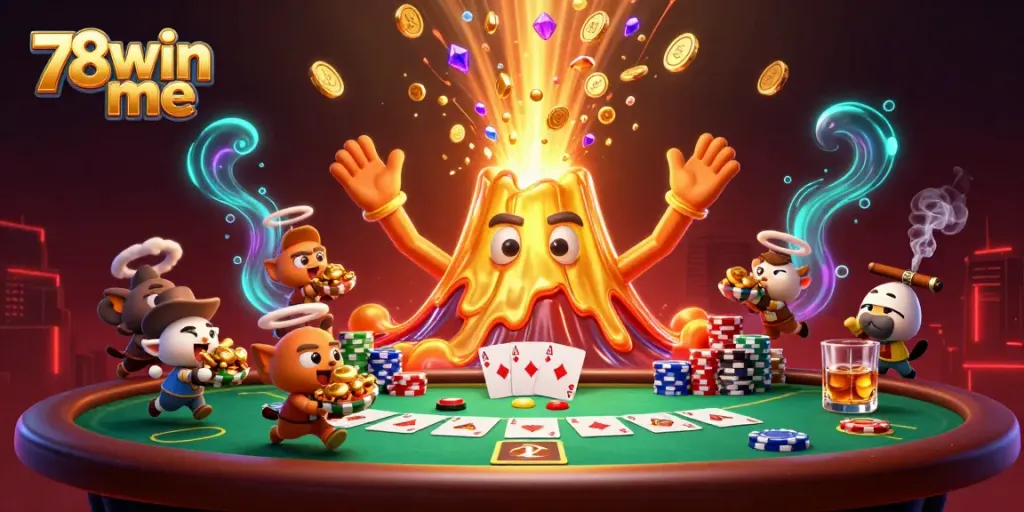 Engage with 78win me as the golden volcano triumphantly erupts coins and treasures in a festive casino scene.