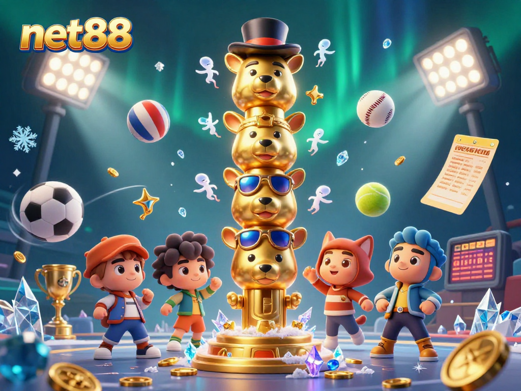 Experience the thrilling atmosphere of net88's vibrant casino scene with animated characters and dynamic sports elements.