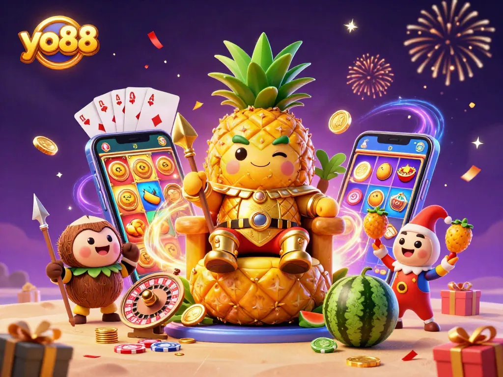 Spin the reels with yo88, featuring a vibrant 3D casino scene filled with excitement.