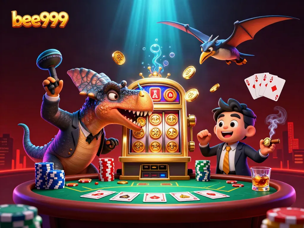 Experience excitement as bee999 showcases a pachycephalosaurus winning coins at a golden slot machine.