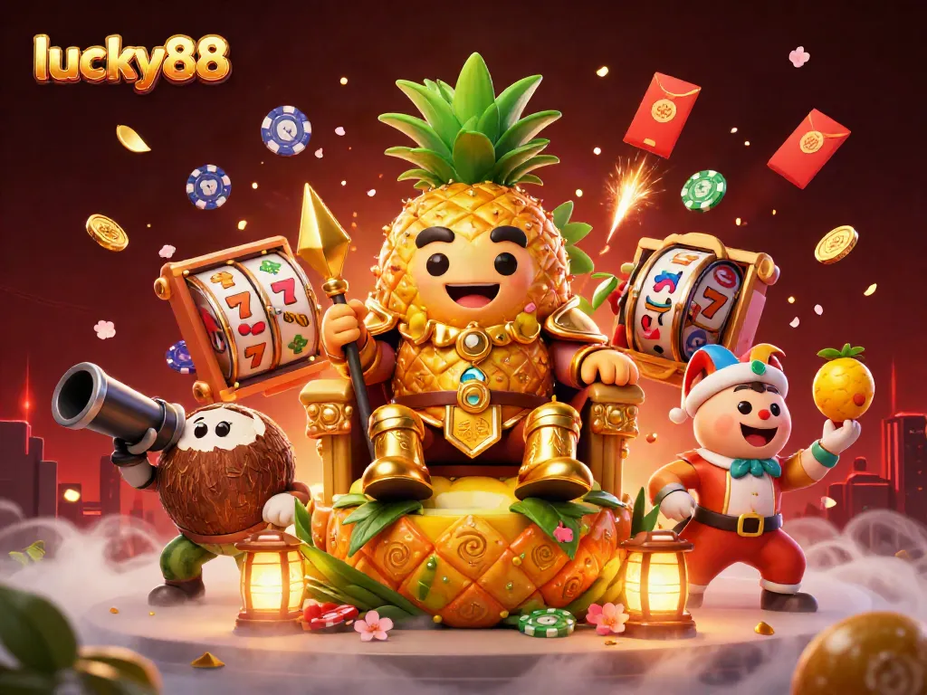 Experience the vibrant atmosphere of lucky88 casino with a golden pineapple king and lively game elements.