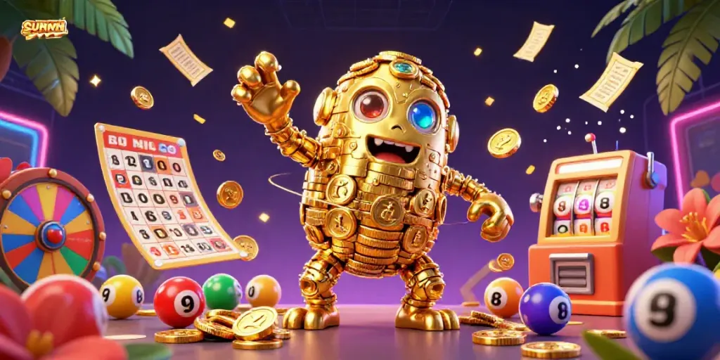 Engage with the thrilling SUNWIN gaming experience featuring a golden golem and vibrant lottery action.
